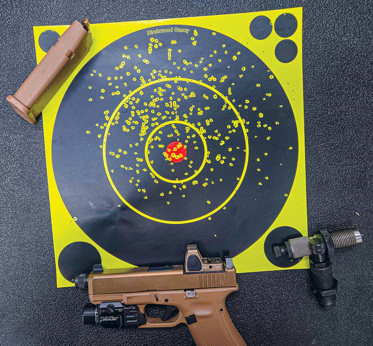 This target was shot at a distance of 5 feet and displays an extremely dense shot pattern that would be more than effective on a snake.